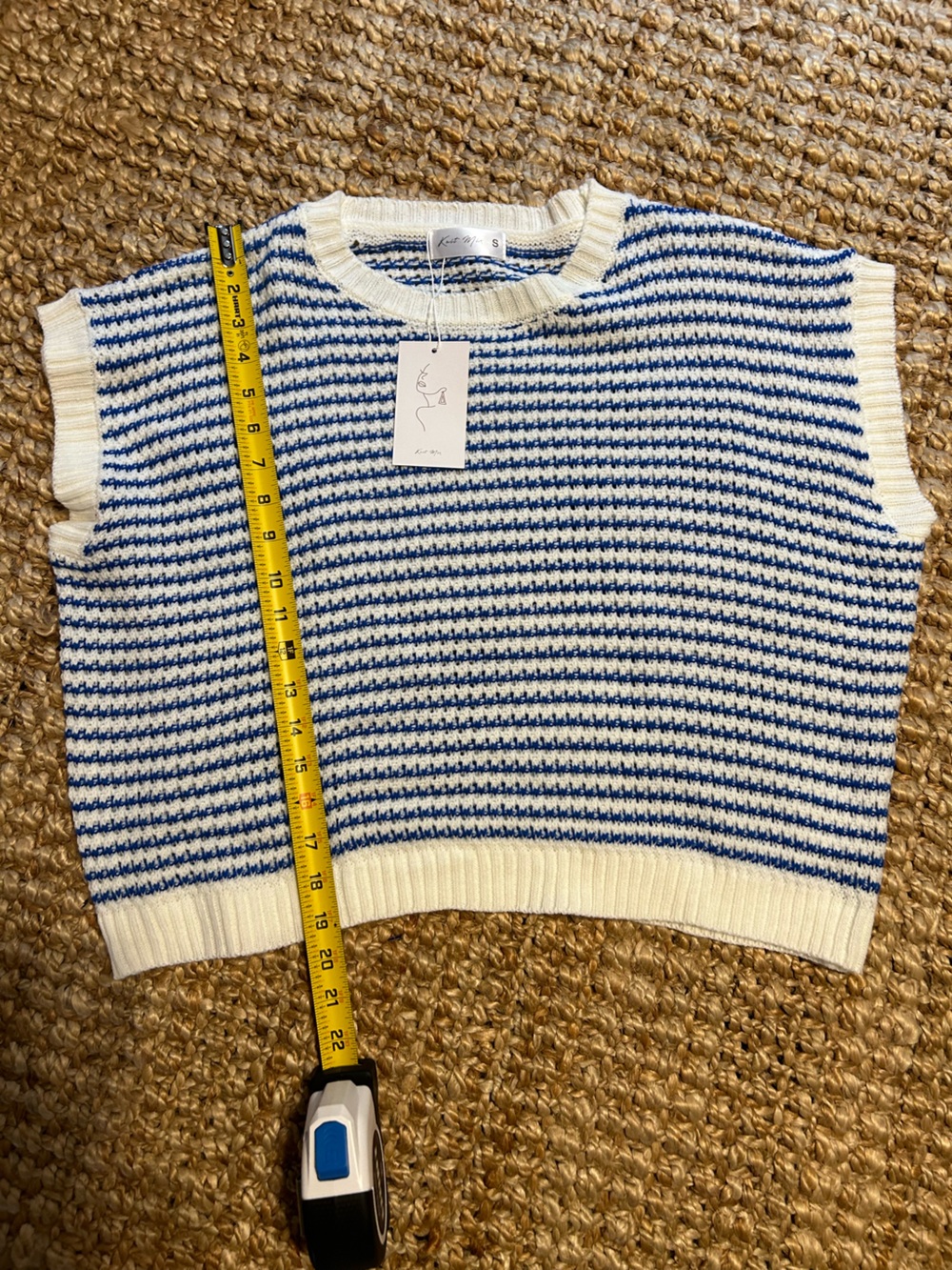 Striped Crewneck Knit Sweater Vest in Blue and White - Unbranded